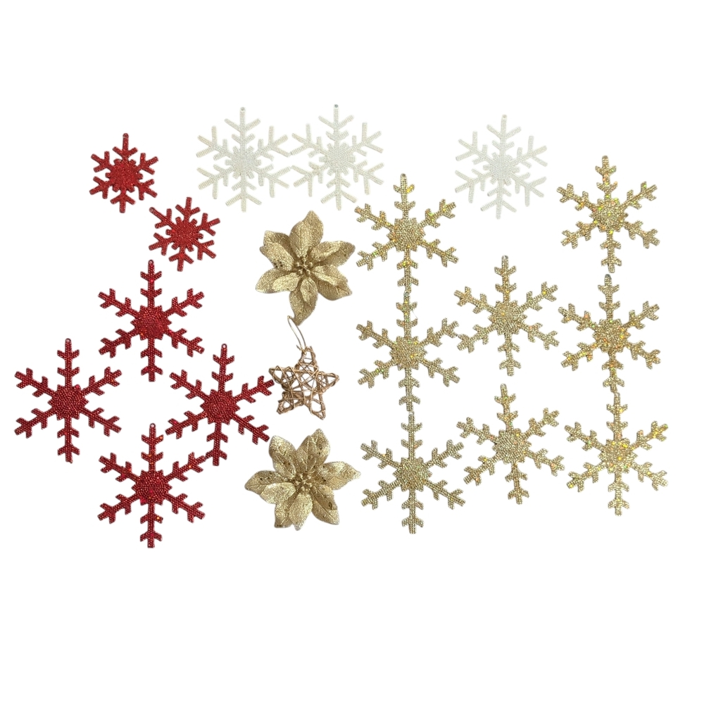 Set Of Snowflake, Star And Poinsettia Christmas Decorations
